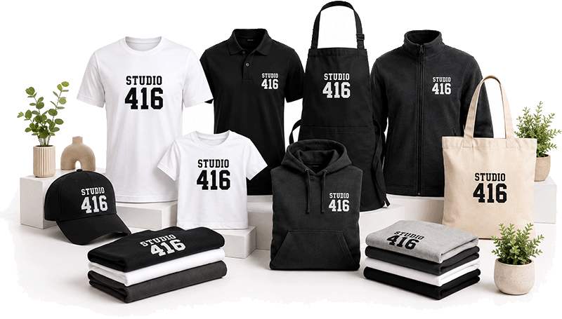 Odzież firmowa Studio 416 z logo — polo, czapka, kubek